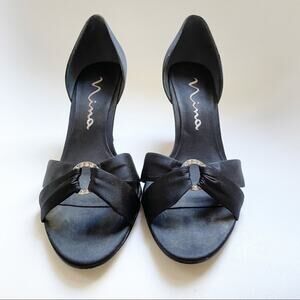 Nina Black Satin Rhinestone Evening Pumps